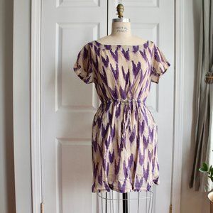 Anthropologie Little Mermaid Purple Ikat Hearts Linen Dress Size M Drawstring